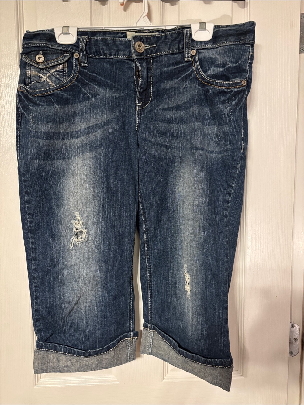 Maurices Dark Blue Distressed Cropped Jeans